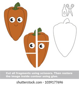 Use scissors and glue and restore the picture inside the contour. Easy educational paper game for kids. Simple kid application with Funny Red Paprika