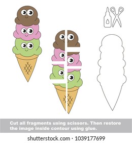Use scissors and glue and restore the picture inside the contour. Easy educational paper game for kids. Simple kid application with Funny Ice Cream