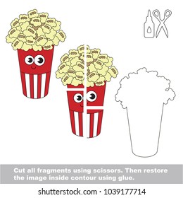 Use scissors and glue and restore the picture inside the contour. Easy educational paper game for kids. Simple kid application with Funny Pop Corn
