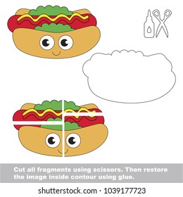 Use scissors and glue and restore the picture inside the contour. Easy educational paper game for kids. Simple kid application with Funny Hot Dog