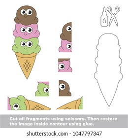Use scissors and glue and restore the picture inside the contour. Easy educational paper game for kids. Simple kid application with funny ice cream