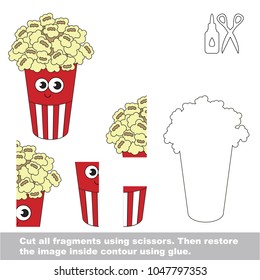 Use scissors and glue and restore the picture inside the contour. Easy educational paper game for kids. Simple kid application with funny fast food popcorn