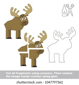 Use scissors and glue and restore the picture inside the contour. Easy educational paper game for kids. Simple kid application with funny elk