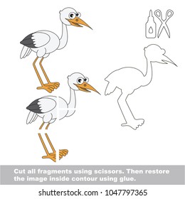 Use scissors and glue and restore the picture inside the contour. Easy educational paper game for kids. Simple kid application with funny heron