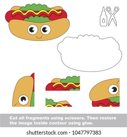 Use scissors and glue and restore the picture inside the contour. Easy educational paper game for kids. Simple kid application with funny fast food hotdog