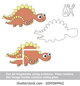 Use scissors and glue and restore the picture inside the contour. Easy educational paper game for kids. Simple kid application with Dino stegosaurus