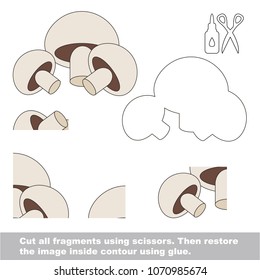 Use scissors and glue and restore the picture inside the contour. Easy educational paper game for kids. Simple kid application with Mushroom Vegetable