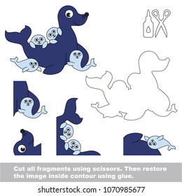 Use scissors and glue and restore the picture inside the contour. Easy educational paper game for kids. Simple kid application with Mother Seal and her infants