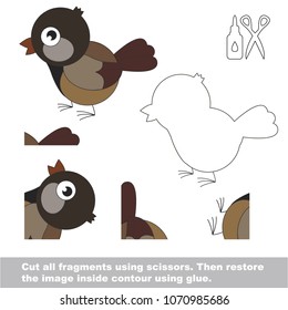 Use scissors and glue and restore the picture inside the contour. Easy educational paper game for kids. Simple kid application with Sparrow Bird