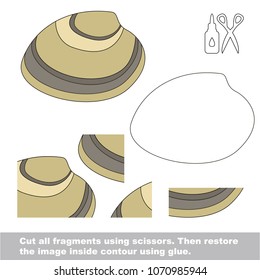 Use scissors and glue and restore the picture inside the contour. Easy educational paper game for kids. Simple kid application with Quahog Sea shell