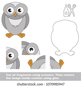 Use scissors and glue and restore the picture inside the contour. Easy educational paper game for kids. Simple kid application with Owl Bird