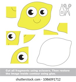 Use scissors and glue and restore the picture inside the contour. Easy educational paper game for kids. Simple kid application with Funny Yellow Lemon Fruit