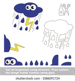 Use scissors and glue and restore the picture inside the contour. Easy educational paper game for kids. Simple kid application with Cute Funny Thunderstorm