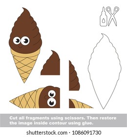 Use scissors and glue and restore the picture inside the contour. Easy educational paper game for kids. Simple kid application with Funny Chocolate Ice Cream