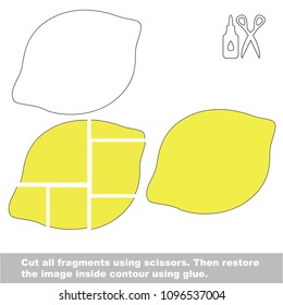 Use scissors and glue and restore the picture inside the contour. Easy educational paper game for kids. Simple kid application with Complete Lemon Fruit