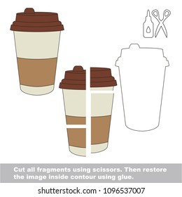 Use scissors and glue and restore the picture inside the contour. Easy educational paper game for kids. Simple kid application with Coffee Paper disposable Cup