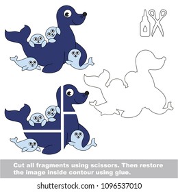 Use scissors and glue and restore the picture inside the contour. Easy educational paper game for kids. Simple kid application with Mother Seal and Her Infants