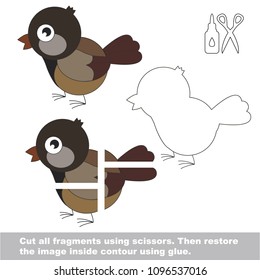 Use scissors and glue and restore the picture inside the contour. Easy educational paper game for kids. Simple kid application with Sparrow Small Bird