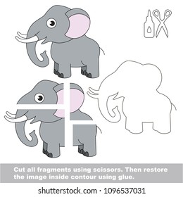 Use scissors and glue and restore the picture inside the contour. Easy educational paper game for kids. Simple kid application with Grey Elephant Animal