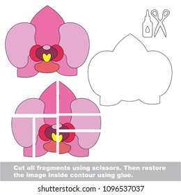 Use scissors and glue and restore the picture inside the contour. Easy educational paper game for kids. Simple kid application with pink orchid flower head
