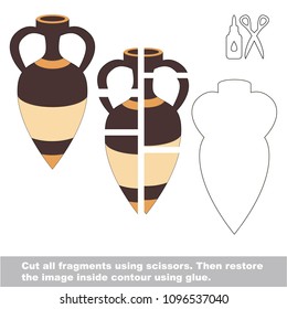Use scissors and glue and restore the picture inside the contour. Easy educational paper game for kids. Simple kid application with Amphora Vase