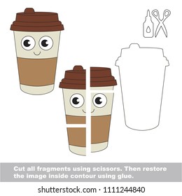 Use scissors and glue and restore the picture inside the contour. Easy educational paper game for kids. Simple kid application with Coffee Paper Cup