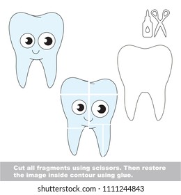 Use scissors and glue and restore the picture inside the contour. Easy educational paper game for kids. Simple kid application with Tooth