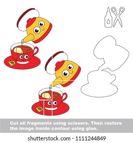 Use scissors and glue and restore the picture inside the contour. Easy educational paper game for kids. Simple kid application with Hot tea cup and kettle