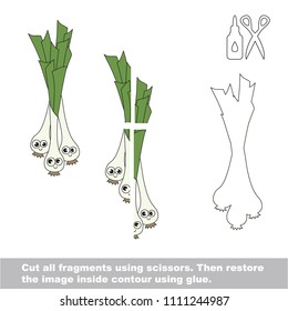 Use scissors and glue and restore the picture inside the contour. Easy educational paper game for kids. Simple kid application with Leek