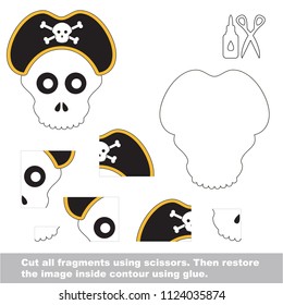 Use scissors and glue and restore the picture inside the contour. Easy educational paper game for kids. Simple kid application with Jolly Rodger