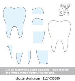 Use scissors and glue and restore the picture inside the contour. Easy educational paper game for kids. Simple kid application with Tooth