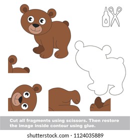 Use scissors and glue and restore the picture inside the contour. Easy educational paper game for kids. Simple kid application with Brown Bear