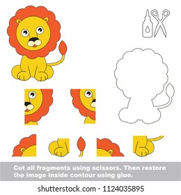 Use scissors and glue and restore the picture inside the contour. Easy educational paper game for kids. Simple kid application with Lion