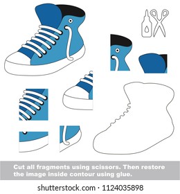 Use scissors and glue and restore the picture inside the contour. Easy educational paper game for kids. Simple kid application with Running Shoe