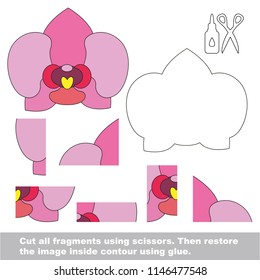Use scissors and glue and restore the picture inside the contour. Easy educational paper game for kids. Simple kid application with Pink Orchid