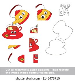 Use scissors and glue and restore the picture inside the contour. Easy educational paper game for kids. Simple kid application with Tea Kettle and cup