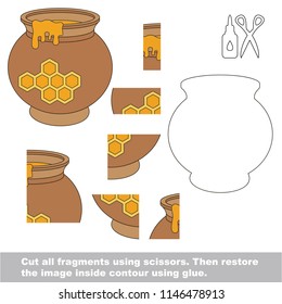 Use scissors and glue and restore the picture inside the contour. Easy educational paper game for kids. Simple kid application with Honey Pot
