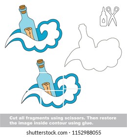 Use scissors and glue and restore the picture inside the contour. Easy educational paper game for kids. Simple kid application with Letter in a bottle in wave