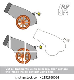 Use tijeras y pegado y restaure la imagen dentro del contorno. Juego de papel educativo fácil para los niños. Aplicación simple para niños con cannon Gun Pirate