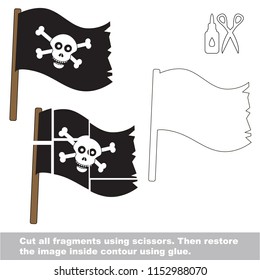 Use scissors and glue and restore the picture inside the contour. Easy educational paper game for kids. Simple kid application with Jolly Roger Black Pirate Flag