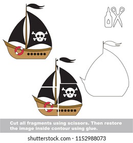 Use scissors and glue and restore the picture inside the contour. Easy educational paper game for kids. Simple kid application with Pirate Vessel Ship with Jolly Roger