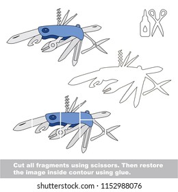 Use scissors and glue and restore the picture inside the contour. Easy educational paper game for kids. Simple kid application with Compact Multi tool Knife
