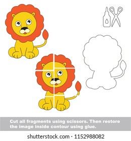 Use scissors and glue and restore the picture inside the contour. Easy educational paper game for kids. Simple kid application with Wild Toy Lion