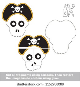 Use scissors and glue and restore the picture inside the contour. Easy educational paper game for kids. Simple kid application with Jolly Roger Skull and Hat