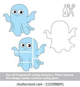 Use scissors and glue and restore the picture inside the contour. Easy educational paper game for kids. Simple kid application with Cute Flying Ghost