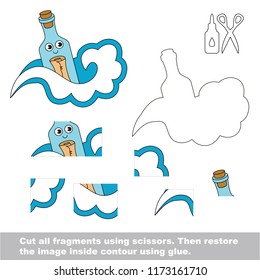 Use scissors and glue and restore the picture inside the contour. Easy educational paper game for kids. Simple kid application with Message in a bottle