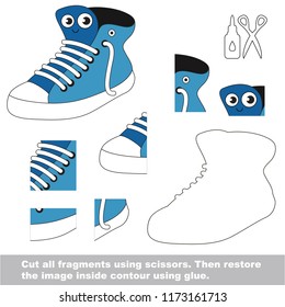 Use scissors and glue and restore the picture inside the contour. Easy educational paper game for kids. Simple kid application with Running Shoes