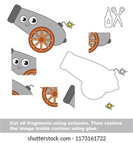 Use scissors and glue and restore the picture inside the contour. Easy educational paper game for kids. Simple kid application with Pirate Gun Cannon