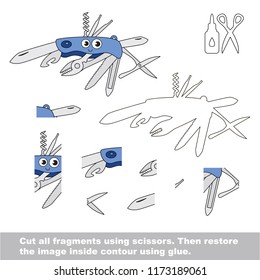 Use scissors and glue and restore the picture inside the contour. Easy educational paper game for kids. Simple kid application with Multitool Army Knife