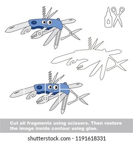 Use scissors and glue and restore the picture inside the contour. Easy educational paper game for kids. Simple kid application with funny smiley Multitool device knife